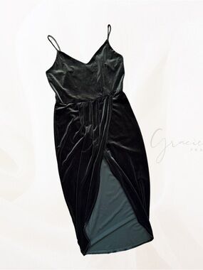 Dark Green Velvet Midi Dress with Front Slit